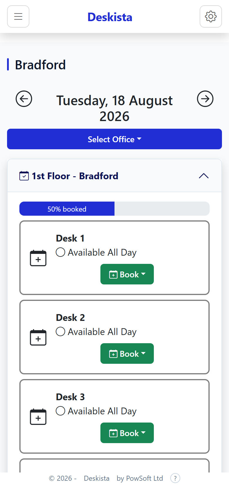 Deskista booking screen on a phone, showing available desks